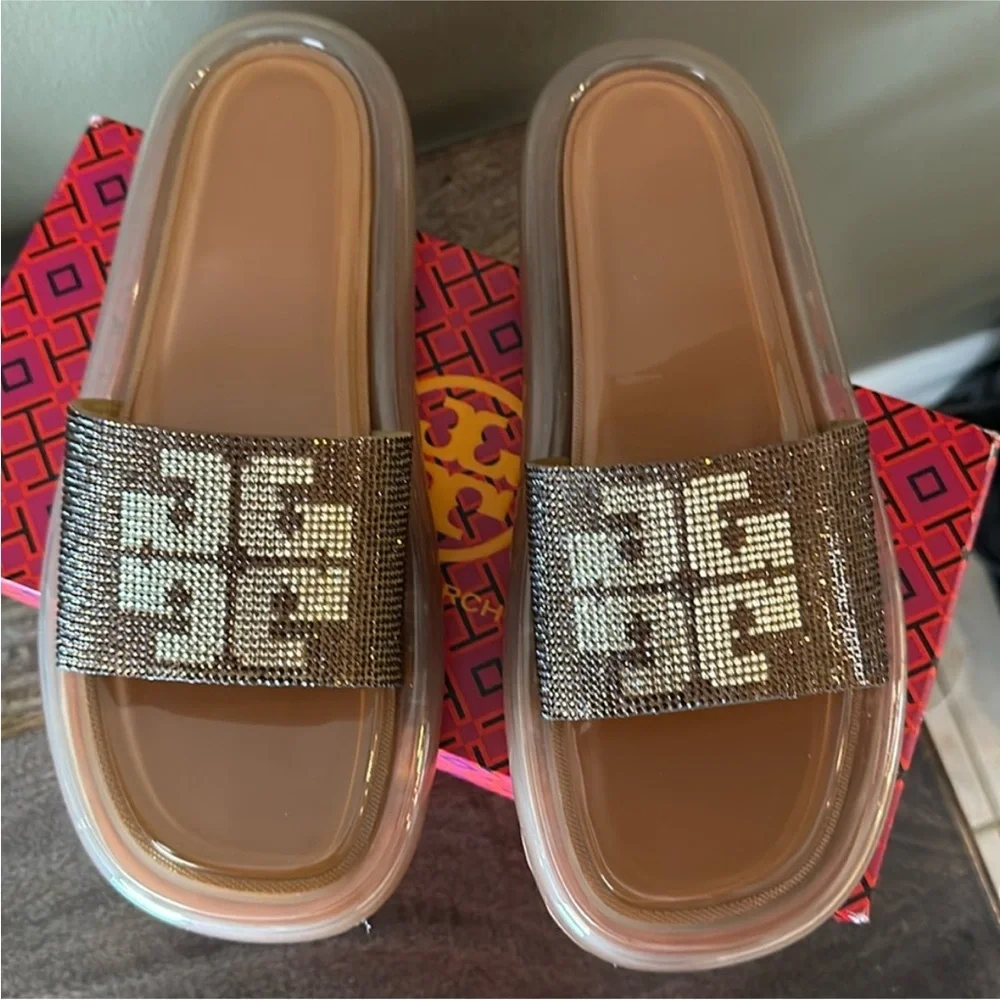 Tory Burch Brown and Gold Logo Slide Sandals